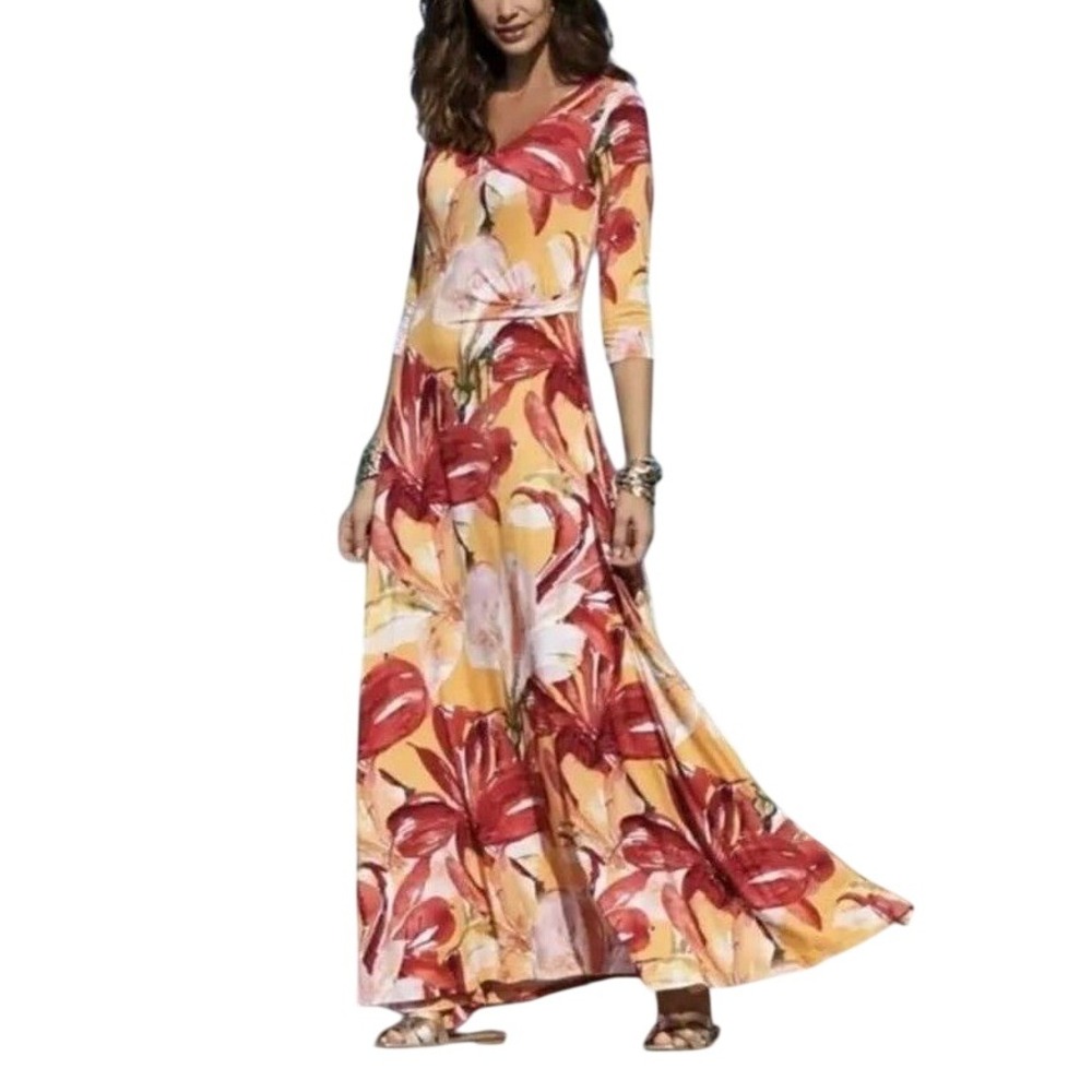 Soft Surroundings Elia Maxi Floral V-Neck 3/4 Sleeve Tropical Dress XL Bohho